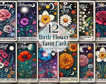 12 Birth Flower Tarot Cards Bundle - Tarot Card PNG, Sublimation, Instant Download, Birth Month PNG, Flower Tarot Clipart, Oracle Card