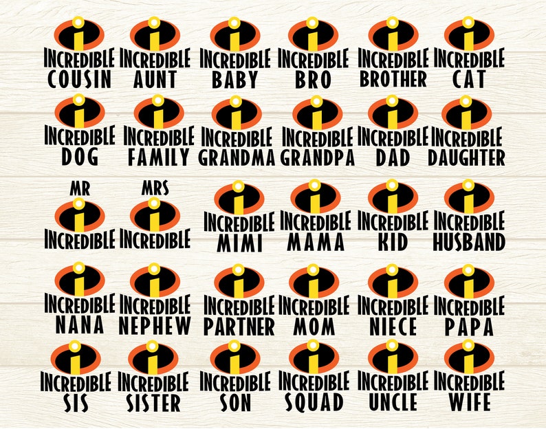 Puede incluir: Un conjunto de 24 im&aacute;genes imprimibles con el logotipo del personaje de Los Incre&iacute;bles con diferentes t&iacute;tulos de miembros de la familia. Los t&iacute;tulos incluyen: Primo, T&iacute;a, Beb&eacute;, Hermano, Hermano, Gato, Perro, Familia, Abuela, Abuelo, Pap&aacute;, Hija, Sr., Sra., Mimi, Mam&aacute;, Ni&ntilde;o, Esposo, Abuela, Sobrino, Socio, Mam&aacute;, Sobrina, Pap&aacute;, Hermana, Hermana, Hijo, Equipo, T&iacute;o, Esposa.