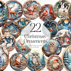 22 Christmas Ornament Clipart Bundle - Chritmas Round Ornament, Retro Christmas PNG, Watercolor Christmas PNG, Sublimation, Santa PNG
