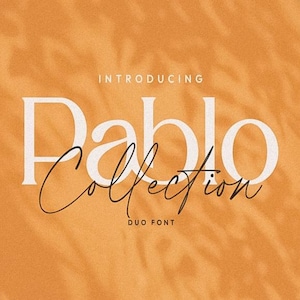 Puede incluir: Presentación de la fuente dúo Pablo Collection. Una fuente sans-serif blanca con una fuente de escritura negra superpuesta.