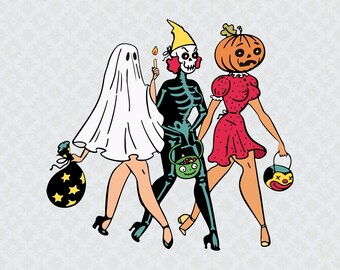 Retro Halloween PNG Design Bundle - Let's go ghouls - Halloween Friends, Three Halloween Ghouls, Vintage Retro Halloween, Sublimation -