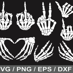 Skelet handen Svg, Svg-bundel, schedel skelethand, middelvinger, vredesteken, Rock Hand, dxf, silhouet, Cricut gesneden bestanden, vectorbestanden