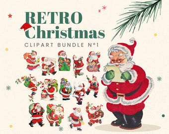 Retro Christmas Clipart Bundle N1 - Santa Clipart, Retro illustrations, Christmas PNG, Santa PNG, Sublimation, Scrapbooking