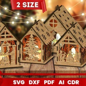 5 Christmas House Laser Cut Bundle- Lampa świetlna Mdf, cięcie laserowe, abażur domowy, stół, świecznik, podgrzewacz, maszyna do cięcia drewna SVG