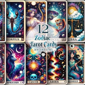 12 Sternzeichen-Tarotkarten-Bundle - Sternzeichen-Tarot-PNG, Sublimation, Sofort-Download, Tarotkarten PNG, Sternzeichen-Tarot-Clipart, Orakelkarte