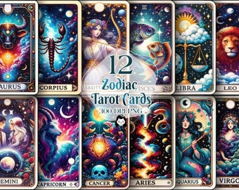 12 Zodiac Tarot Cards Bundle - Zodiac Tarot PNG, Sublimation, Instant Download, Tarot Cards PNG, Zodiac Tarot Clipart, Oracle Card