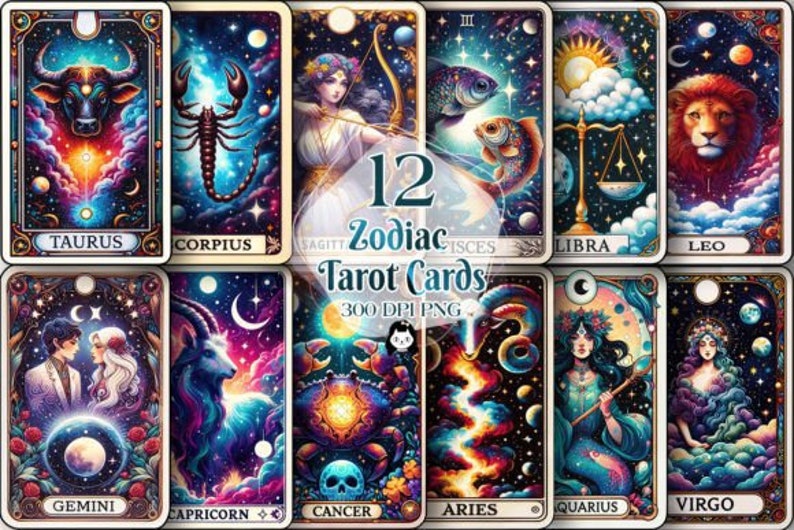 May include: Twelve zodiac tarot cards with colorful illustrations of each zodiac sign against a dark blue starry background. The cards are in a grid format with each card featuring a different zodiac sign.