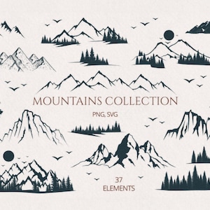 Puede incluir: Una colección de 37 ilustraciones de montañas en blanco y negro, que incluyen varias cordilleras, árboles y un sol. El texto "MOUNTAINS COLLECTION PNG, SVG 37 ELEMENTS" está en la parte inferior de la imagen.