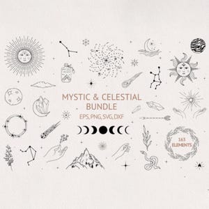 163 mystieke en hemelse SVG-bundel - hemelse maanbundel, Han getekende afbeeldingen, heksen Svg, magische Svg-bundel, sterrenbeelden Svg, Wicca