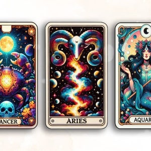 May include: Three tarot cards with zodiac signs. The first card is Cancer, with a colorful crab and a skull. The second card is Aries, with a ram and a colorful galaxy. The third card is Aquarius, with a woman with blue hair and a staff.