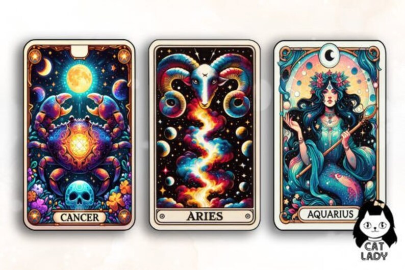 May include: Three tarot cards with zodiac signs. The first card is Cancer, with a colorful crab and a skull. The second card is Aries, with a ram and a colorful galaxy. The third card is Aquarius, with a woman with blue hair and a staff.