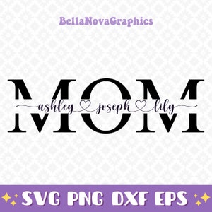 May include: Black and white graphic design of the word "MOM" with the names "ashley", "joseph", and "lily" written inside the letters. The names are separated by small hearts.
