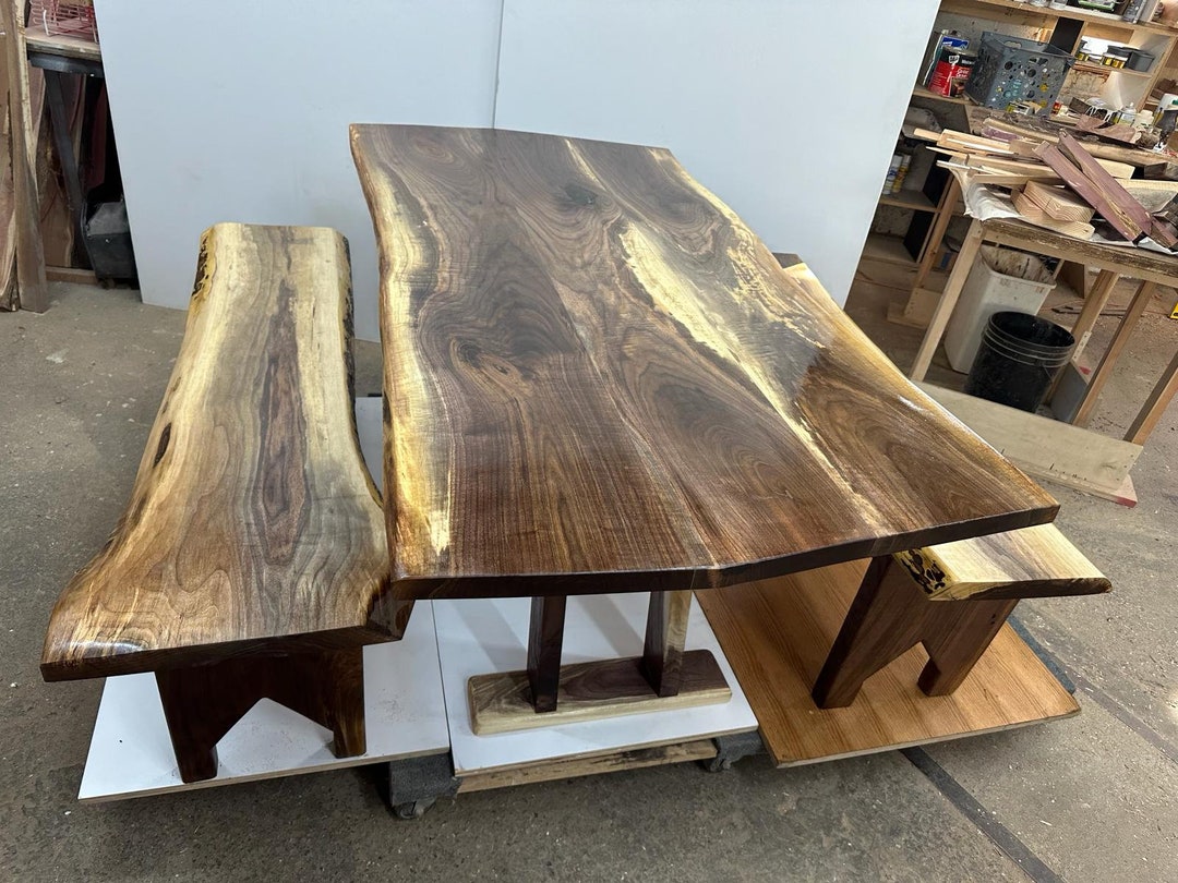 Live Edge, Solid American Black Walnut Dining Room Table With Two Live