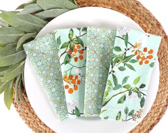 Cloth Napkins - Set of 4 - Mint Green Yellow Orange Pink White, Bird Flowering Tree Medallion, Dinner Table Napkins, Reusable 100% Cotton