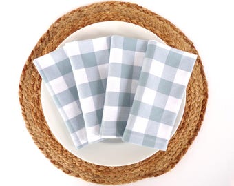 Cloth Napkins - Set of 4 - Blue Gray White, Gingham plaid check, Dinner Table Napkins, Reusable 100% Cotton