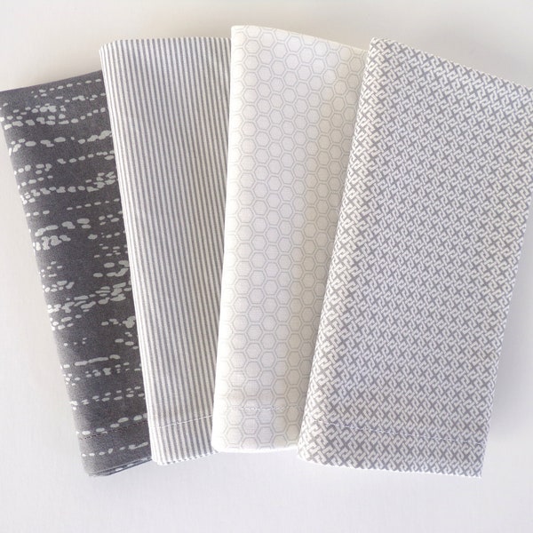 Reusable Cloth Napkins - Set of 4 - Kitchen Table Decor, Soft Gray White, Stripe Hex Geo Abstract, Modern Casual Everyday, 100% Cotton