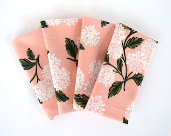 Cloth Napkins - Set of 4 - Pink White Green, Hydrangea Flowers, Dinner Table Napkins, Reusable 100% Cotton