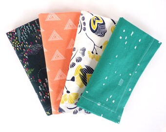 Cloth Napkins - Set of 4 - Navy Blue Teal Coral, Floral Geometric Triangle, Modern Casual Everyday Dinner Table Decor, Reusable 100% Cotton