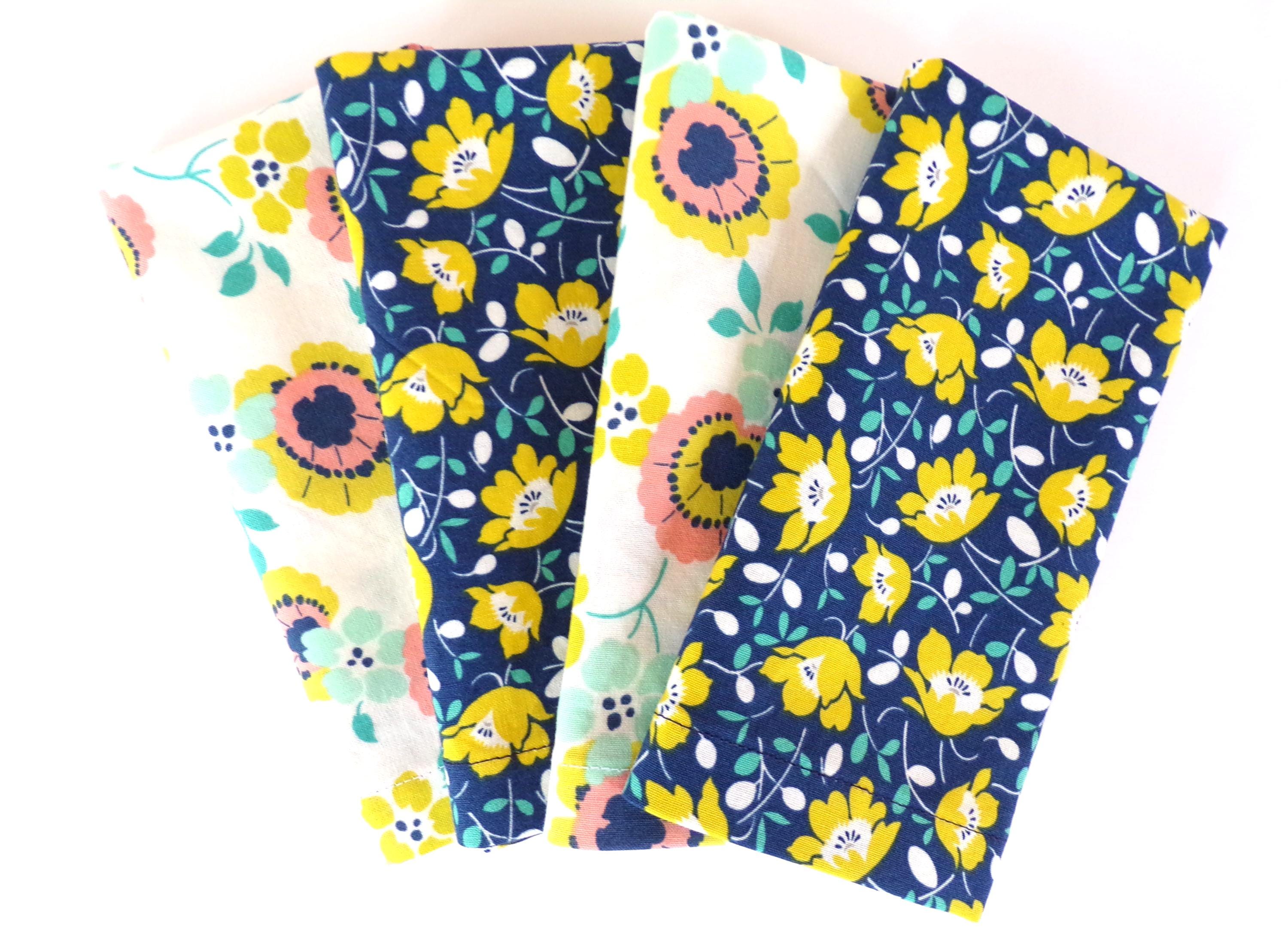 Cloth Napkins - Set of 4 - Navy Blue Yellow Pink White, Vintage Style Floral, Casual Everyday Dinner Table Decor, Reusable 100% Cotton