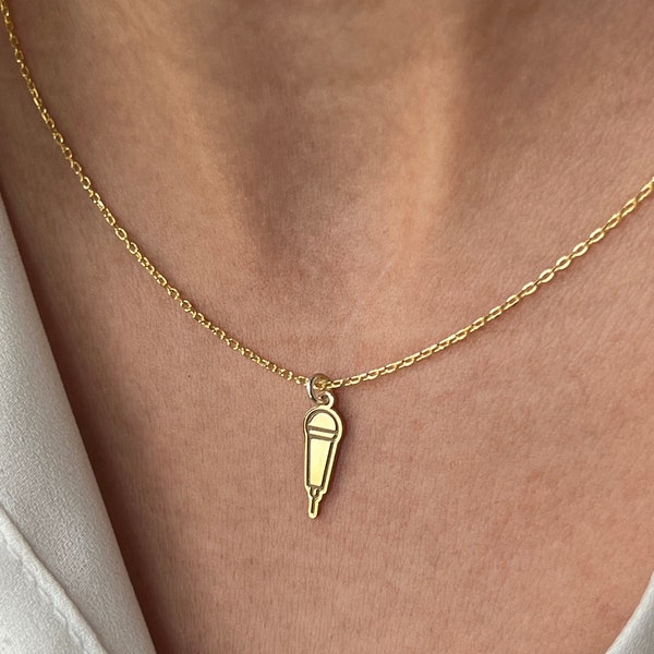 Microphone Necklace · 14K Gold Plated · 925K Sterling Silver · Singer Necklace · Podcast Necklace · Music Necklace · Unisex Jewelry