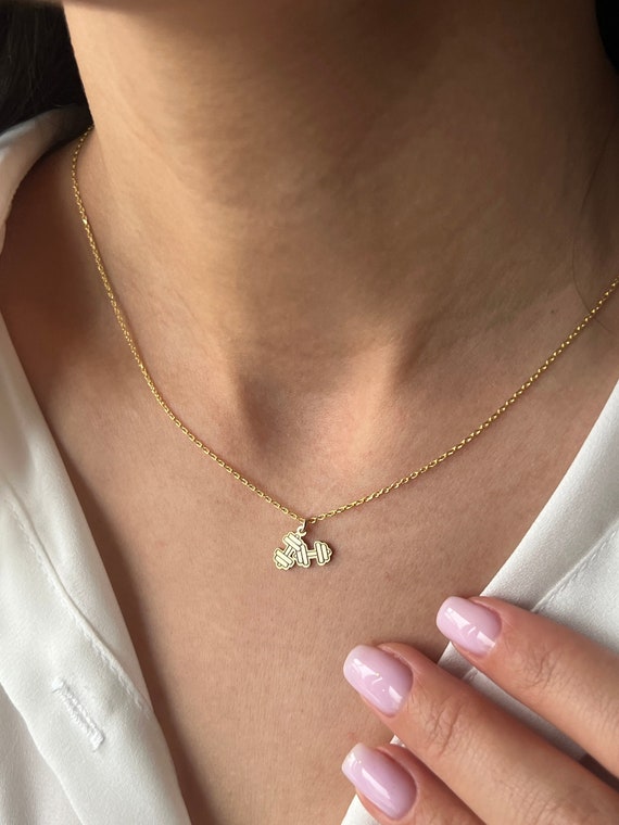 14K Gold Plated Dumbbell Necklace: Sterling Silver Fitness Jewelry