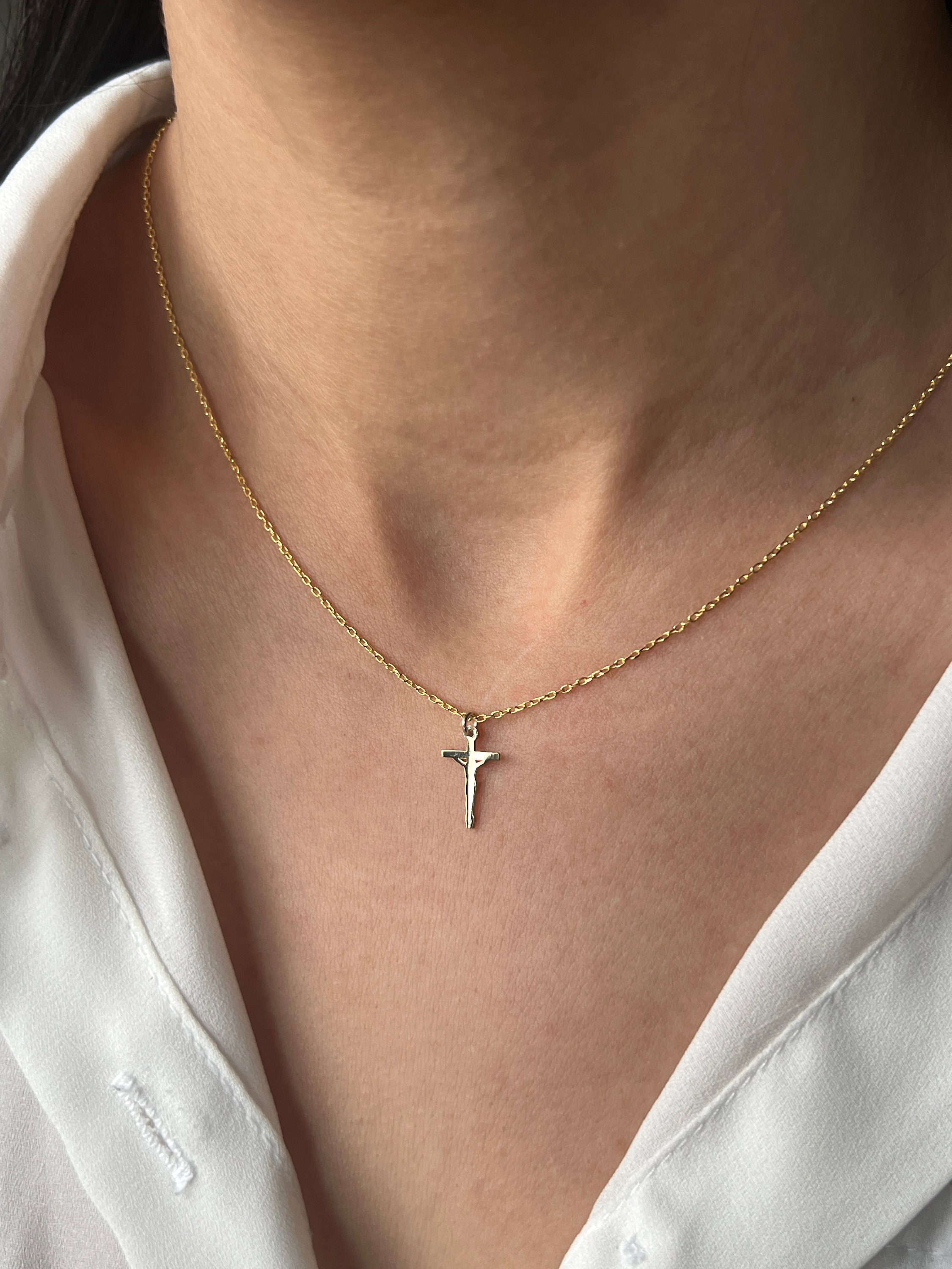 14Kゴールドメッキクロスネックレス 925Kスターリングシルバー 十字架