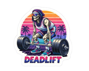 Deadlift Skeleton Weightlifting Sticker | Retro Sunset Palm Beach Design