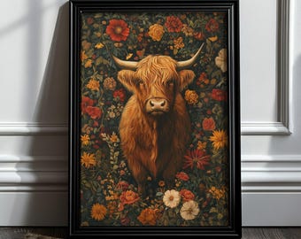 William Morris Highland Cow Print, Modern Farmhouse Decor, William Morris Poster, Vintage Style Wall Art, Floral Art, Farm Animal Print