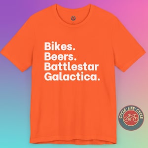 Bikes Beers Battlestar Tee | Gift for Cyclist | Bike Lover Shirt | Bicycle Tee | Graphic Cycling Tee | Funny Biking Shirt | Bike Apparel
