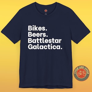 Bikes Beers Battlestar Tee | Gift for Cyclist | Bike Lover Shirt | Bicycle Tee | Graphic Cycling Tee | Funny Biking Shirt | Bike Apparel