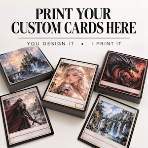 May include: A collection of custom playing cards featuring fantasy illustrations of a castle, a dragon, a warrior, and an elf. The text PRINT YOUR CUSTOM CARDS HERE and YOU DESIGN IT • I PRINT IT is displayed above the cards on a plain white background.