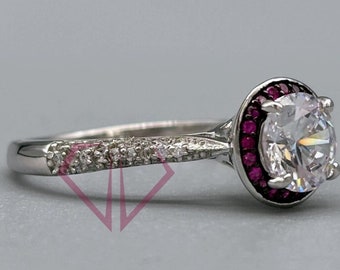 1,80 Karat runder Moissanit-Verlobungsring, rosa rubinfarbener Diamantring, Pave-Diamantring, Ring aus 925er Sterlingsilber für Sie, Geschenkring