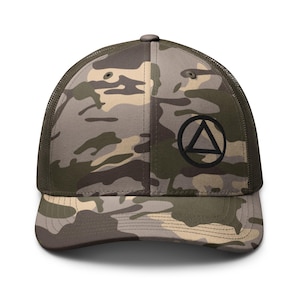 Circle Triangle AA Logo Offset Off-center Black 3D Puff Embroidery 12-step Rehab Recovery Otto Camo mesh hat