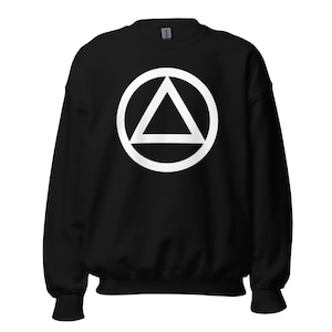 May include: Black sweatshirt with a white circle and triangle design. The circle and triangle are a symbol of recovery.