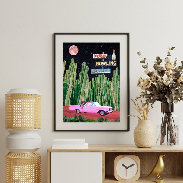 Vintage Space Realm | Retro Futuristic A3 Printable Poster | 1950s Woman & Car Collage | Cactus Cosmos Wall Art