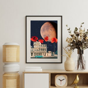 Dreamy Poppy Moon Surreal Art - Nostalgic Vintage & Retro A3 Print