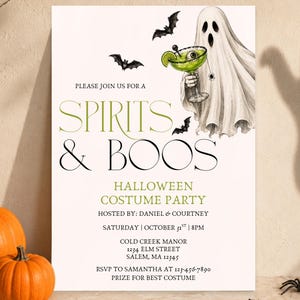 Zaproszenie na imprezę Spirits & Boos, zaproszenie na imprezę Halloween, szablon Boos And Booze, pobierz upiornego ducha, impreza koktajlowa dla dorosłych, poczuj się upiornie