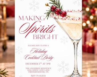 Making Spirits Bright Invitation, Holiday Cocktail Party Invite, Christmas Party Template, Martini Snowflake Digital, Eat Drink And Be Merry