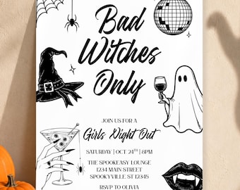 Bad Witches Only Invitation, Girls Night Out Invite, Girls Cocktail Happy Hour, Editable Adult Halloween Party Template,   Spooky Ghost