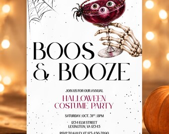 Boos & Booze Halloween Invitation, Spooky Costume Party Template, Editable Adult Party Cocktail Invite, Skeleton Spider Web Digital Download