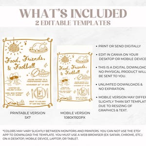 May include: Two editable digital invitation templates for a Friendsgiving event, featuring gold line art of a disco ball, turkey, football, and wine glasses. The text reads Food, Friends, & Football, with placeholders for event details.