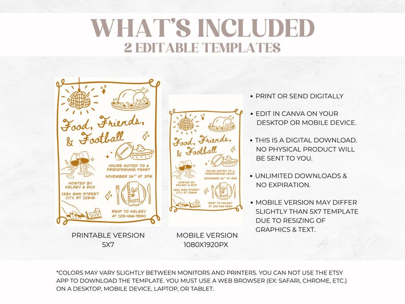 May include: Two editable digital invitation templates for a Friendsgiving event, featuring gold line art of a disco ball, turkey, football, and wine glasses. The text reads Food, Friends, & Football, with placeholders for event details.