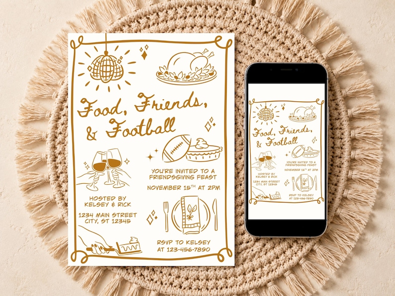 May include: A rectangular invitation card and a smartphone displaying the same design, featuring gold line art of a disco ball, roasted turkey, football, wine glasses, and pie. The text reads Food, Friends, & Football, with event details.