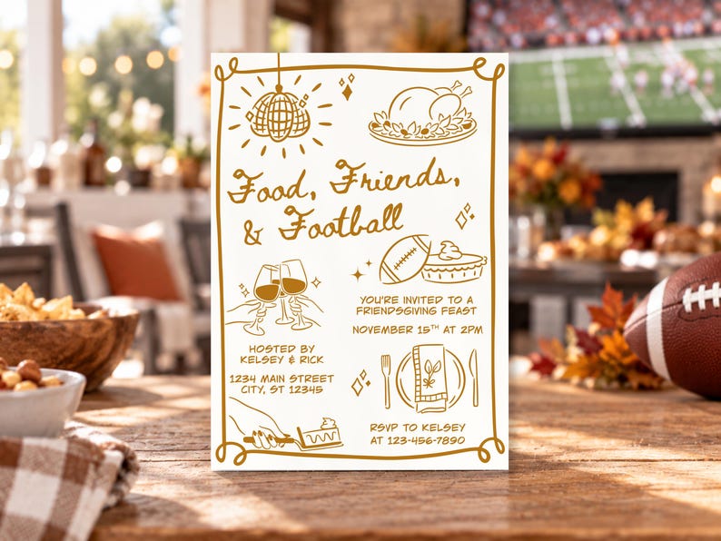 May include: A white invitation card with gold line art featuring a disco ball, a roasted turkey, wine glasses, a football, and a place setting. The text reads Food, Friends, & Football, You're invited to a Friendsgiving feast, November 15th at 2pm.