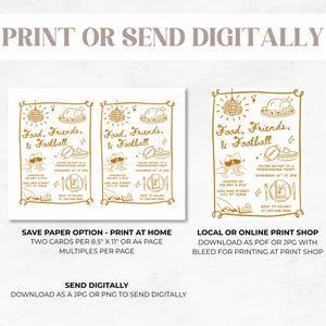 May include: A digital invitation template featuring gold line art illustrations of a disco ball, a roasted turkey, wine glasses, and a football. The text reads Food, Friends, & Football, with details for a Friendsgiving feast, including host names, date, time, address, and RSVP information.