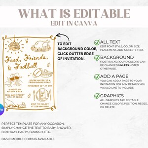 May include: A digital invitation template featuring gold line art icons of a disco ball, turkey, football, wine glasses, and place setting. The text reads Food, Friends, & Football, with instructions on editing text, background, and graphics in Canva.