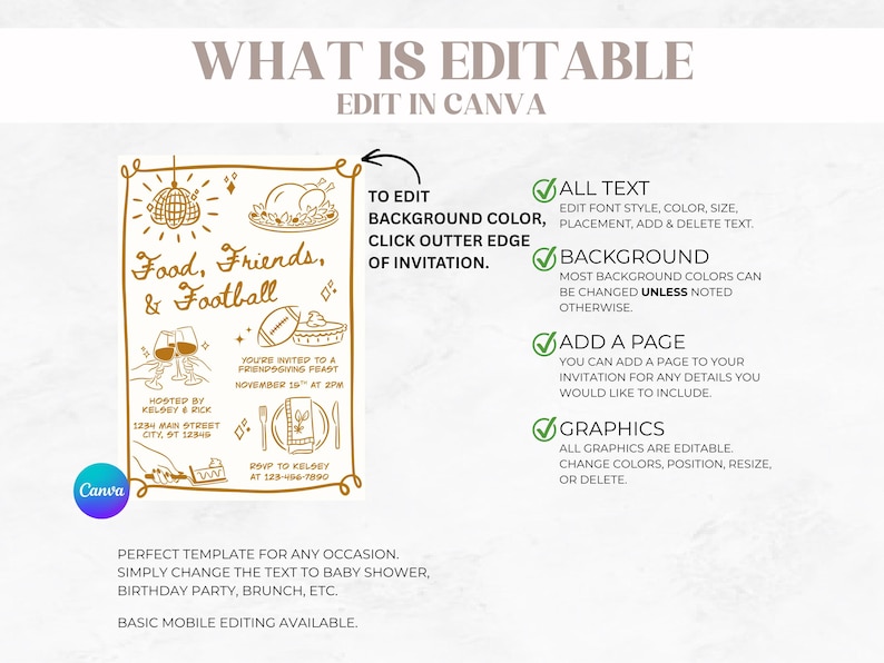 May include: A digital invitation template featuring gold line art icons of a disco ball, turkey, football, wine glasses, and place setting. The text reads Food, Friends, & Football, with instructions on editing text, background, and graphics in Canva.