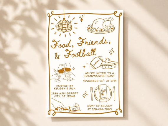 Food Friends & Football Invitation, Thanksgiving Dinner Party Invite, Fall Football Template, Hand Drawn Thanksgiving Digital, Friendsgiving