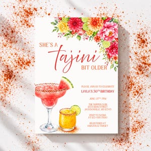 May include: A rectangular birthday invitation card featuring watercolour illustrations of a watermelon margarita and a yellow cocktail, topped with floral accents. The text reads: She's a Tajini bit older, Please join us to celebrate Layla's 30th birthday.