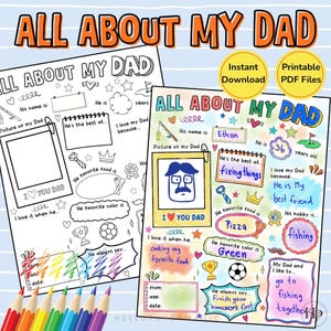 Puede incluir: Dos hojas de actividades imprimibles "Todo sobre mi papá". Una está completa con el nombre "Ethan", la edad 36 y cosas favoritas como pizza y pesca. La otra es una plantilla en blanco para rellenar. Incluye las etiquetas "Descarga instantánea" y "Archivos PDF imprimibles".